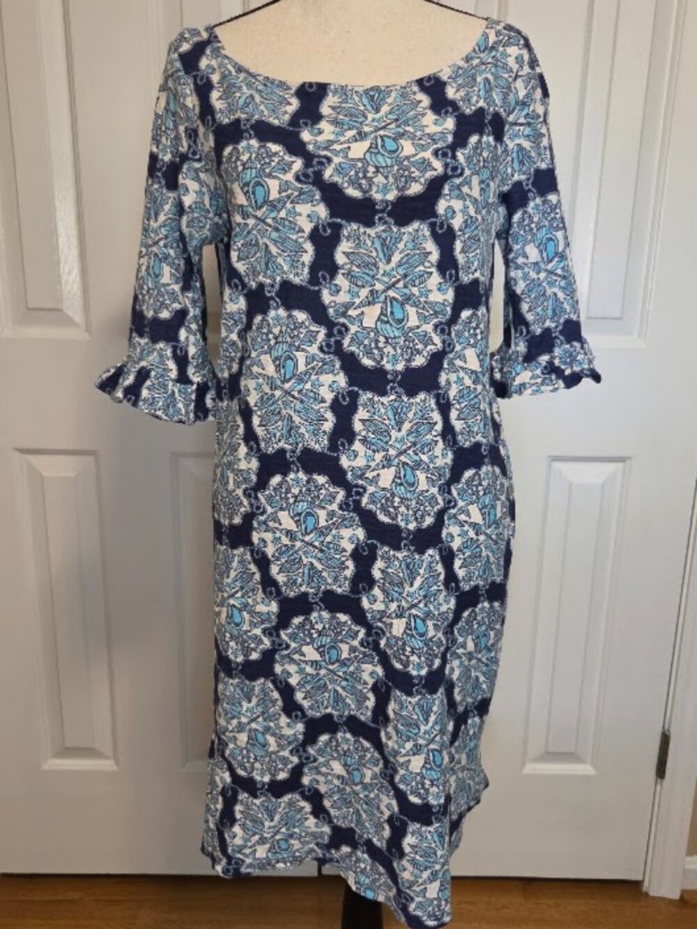 Lilly Pulitzer Somerset Dress Hey Sailor Blue White Cotton Ruffle Sleeve Medium